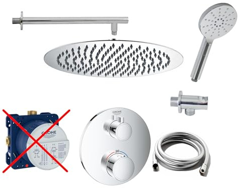 vanvilla Duschsystem Unterputz mit Duscharmatur Grohe poliert G10-ob | Duscharmatur von Grohe Grohtherm Thermostat Armatur und vanvilla Regendusche Duschkopf rund, Dusch-SET poliert