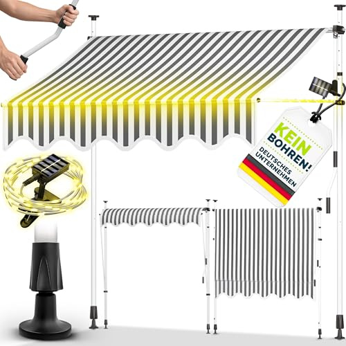 tillvex Toldo de balcón con manivela, 300 cm, gris y blanco con led, montaje sin taladrar, resistente a los rayos ultravioleta y regulable en altura, protección solar impermeable