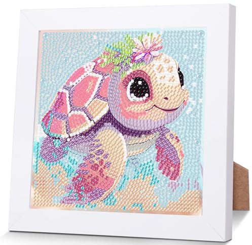 Schildkröten Diamond Painting Kinder Mit Holzrahmen, Diamant Painting | Tiere 5D Diamond Painting Mädchen Kinder,DIY Mosaikherstellung Arts Craft für Home Wand Decor 18x18cm