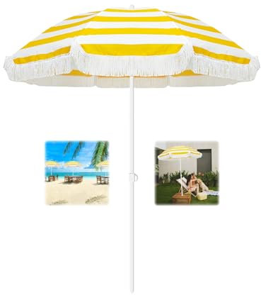 ELZEM 180cm Parasol De Terrasse Jaune Anti Uv Parasol Balcon Exterieur Avec Frange Parasol De Jardin Anti Vent Parasol Plage Inclinable Pour Terrasse Balcon Piscine Jardin Plage/8 Baleines