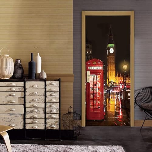 Türtapete Selbstklebend Türposter,Türtapete 3D Straßenszene Mit Dem Leuchtturm Der Telefonzelle 95 X 215 Cm Türfolie Für Tür Wohnzimmer Schlafzimmer Küche Und Bad - Pvc Abnehmbar Wasserdicht