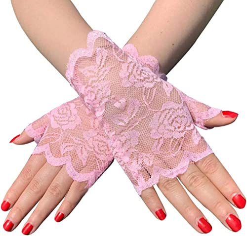 GETSTREE Sonnenhandschuhe, Fahrhandschuhe, Sonnenschutz-Fäustlinge, Damen-Sommer-Handschuhe mit floraler Spitze, fingerlose Handschuhe, UV-Sonnenschutz, Fahrhandschuhe(Color:Pink)