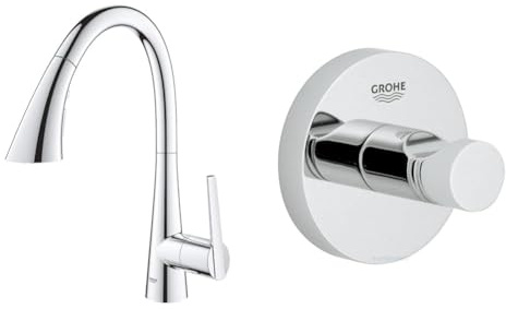 GROHE Mitigeur évier Chromé Zedra 32294002 (Import Allemagne) & Essentials - crochet pour peignoir (crochet robuste, finition chromée durable et facile à nettoyer, assemblage facile), chromé, 40364001