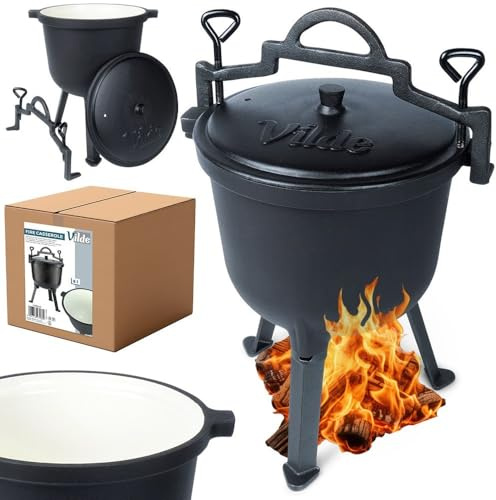 Vilde Gusseiserner Kessel auf Füßen mit Deckel - 8 Liter Hexenkessel Gusseisen Schwarz - Ideal für Garten, Camping, Grill - 25,5 cm Durchmesser - Robuster, Hitzebeständiger Cauldron für Fleisch/Gemüse