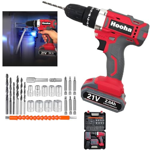 Hooha 21V Akkuschrauber Set Mit Led,Akku Bohrschrauber,65 N.m Max Schlagbohrschrauber,2-Gang,2 * 2.0Ah,Akku-Ladezeit 60 Minuten,Füranziehen Und Lösen Von Wänden/Holz/Metall/Fliesen Und Glas/Schrauben