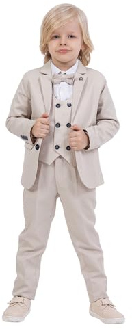 Costume pour garçons | Ensemble de 5 pièces : chemise, pantalon, gilet, veste et nœud papillon | Vêtements de fête et formels pour garçons âgés de 1 à 13 ans, beige, 11-12 ans