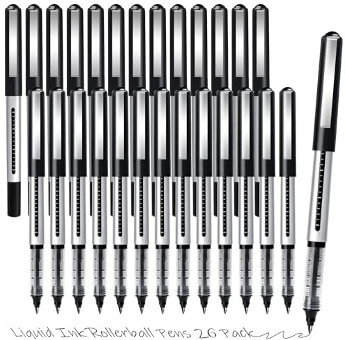 KERIFI Rollerball Pens Black Ink, 26 Pack Pens Multipack, 0.5mm Fine Point Liquid Ink Ballpoint Pens Quick-Drying and Smooth Writing Pens, Black Pens for Bullet Journal, Sketch, School, Office & Exams