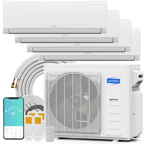 ROVSUN 38000 BTU Quad Zone WIFI Mini Split AC/Heating System, 20 SEER2 4 Zone (9K/12K/12K/12K) BTU Ductless Split Air Conditioner with Pre-Charged Condenser, Heat Pump & 25Ft Line Set, 208-230V