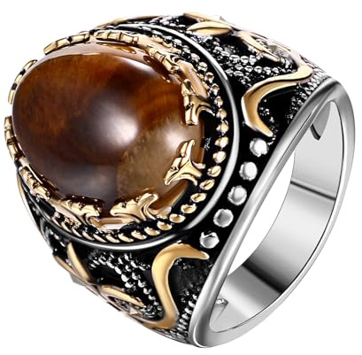 Flongo Bague Homme Acier Inoxydable: Bague Chevalière avec Oeil de Tigre et Motif Rétro Style Vintage Fantaisie Bague Biker Motard - Cadeau Homme Anniveraire Fête des Pères