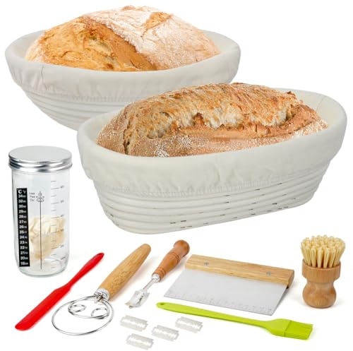 CLTPY Sauerteig Starter Set mit 2 Gärkörbchen Oval Rund&Brot Backen Zubehör, Gärkorb Brot mit Teigschaber, Brotbackset Silikonspatel Geeignet für Heim und Profibäcker