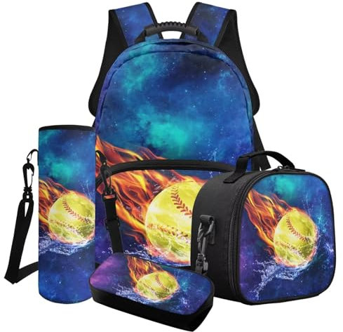 Xoenoiee Rucksack-Set für Teenager, Mädchen, Jungen, Schule, Büchertasche mit Lunchbox, Federmäppchen, Wasserflaschenhalter, 4-in-1-Bälle-Muster, Fire Water Softball Galaxy