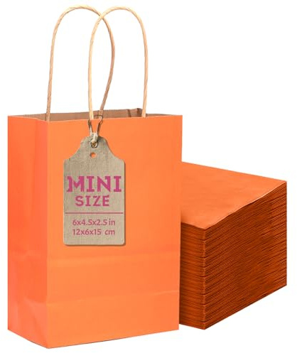 Gcardist 24 Stück Orange Mini-Geschenk-Taschen mit Griffen 6x4.5x2.5 Kleines Papier Kraft Party behandeln Taschen (12x6x15cm，Mini Größe)