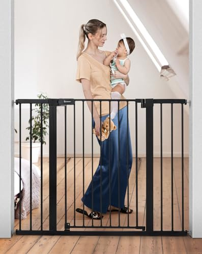 COMOMY 91,5cm Cancello per Cani Extra Alto, per Scale e Porte, 75 a 124cm di Larghezza, Montato a Pressione Cancelletto Bambini di Sicurezza Extra Largo a Chiusura Automatica per Casa, Nero