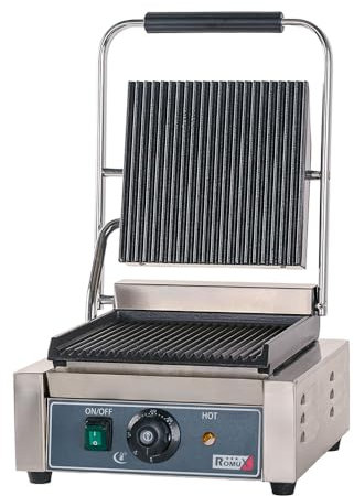 Romux® Elektrischer Kontaktgrill 40 cm aus Edelstahl mit doppelter gerillter Oberfläche | Kontaktgrill 300° - 1800 W | Grillplatte für Bars und Restaurants