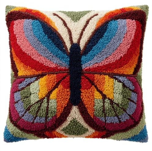 Juego de cojines de nudos para relajarse, kit de cojín de gancho para atar sin estrés, completo con instrucciones y herramientas, para niños y adultos, principiantes, 43 x 43 cm, hermosa mariposa