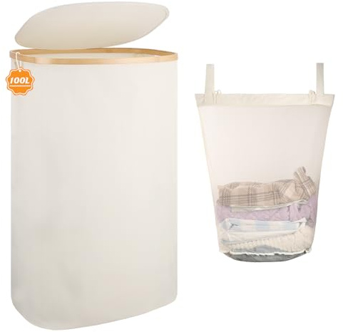 Wäschekorb 100L Wäschesammler mit Deckel, Schmal Wäschekorb aus Bambus für Bad & Schlafzimmer, Faltbare Wäschebox/Wäschetonne, Robuster Schmutzwäschebehälter für Haushalt & Familie