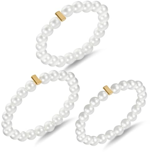 3 Pcs Elasticated Pearl Ring Vintage Adjustable Thin Pearls Rings Pearl Ring for Women Dainty Stretch Beaded Stackable Rings Cute Pearls Knuckle Finger Pack Statement Wedding Prom Dress Jewerly White