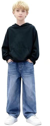 Generisch Baggy Jeans Jungs Weitem Bein Jeanshose Mit Elastische Taille Und Taschen Gerades Bein Denimhose Stretch Mode Streetwear Locker Freizeithose Lässige Hosen Vintage Pants Light Blau 140