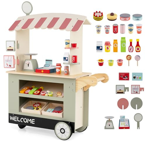 HOMASIS Negozio Giocattolo per Bambini in Legno, Carrello Educativo con Tetto, Supermercato Giocattolo per Bambini con Registratore di Cassa, Negozio di Alimentari per Bambini dai 3+ Anni (Verde)
