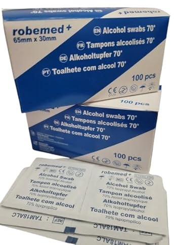 LOT DE 200 Tampons Alcoolisés – ROBEMED Lingettes imprégnées à 70% d’isopropanol pour la préparation cutanée avant injection – Emballage individuel – Dispositif médical CE
