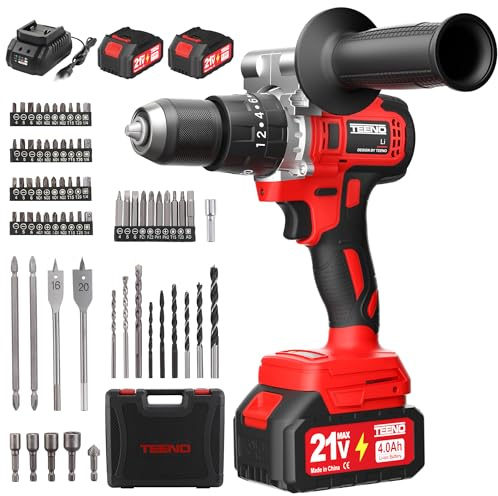 TEENO 130Nm Cordless Hammer Drill,21V Brushless Impact Drill with 2 x 4.0Ah Battery,20+3 Torque Settings, 13mm Chuck,2 speeds,LED Light, and Includes 76 Accessories.