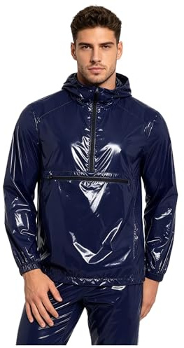 inhzoy Herr cykel regnjacka vattentät utomhus cykeljacka lack läder utseende huvtröja löpning fiske camping sweatshirt med dragkedja, Mörkblå, 3XL