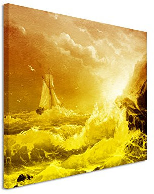 120x80cm Wandbild – Farbe Orange Gelb - Leinwandbild auf Keilrahmen in Bester Qualität - Ölgemälde Segelboot Sturm