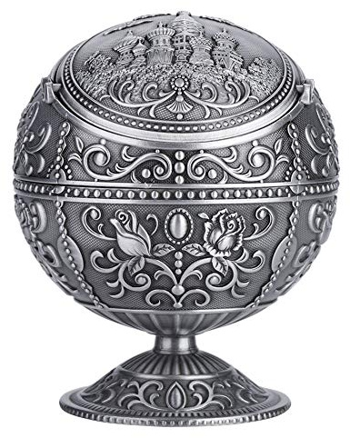 Vintage Windproof Ashtray with Lid, Odor-Control Metal Round Ball Cigar Ashtray for Home Office Indoor Outdoor Use