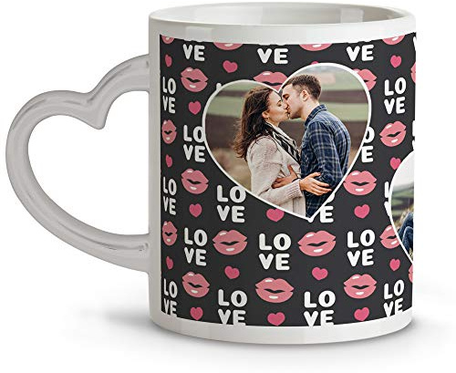 LolaPix Tasse Personnalisable avec Photo. Tasses Saint-Valentin avec Poignée Coeur. Cadeux Amoreux Personnalisés. Tasse Personnalisé en Ceramique. Tasse Poignée Coeur Bisous