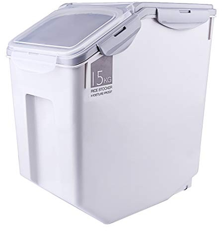wangxike Rice Storage Container 15KG/33Lb, Airtight Moistureproof Cereals Beans Flour Food Storage Box with Wheels and Measuring Cup - 32.5 x 19.5 x 36cm