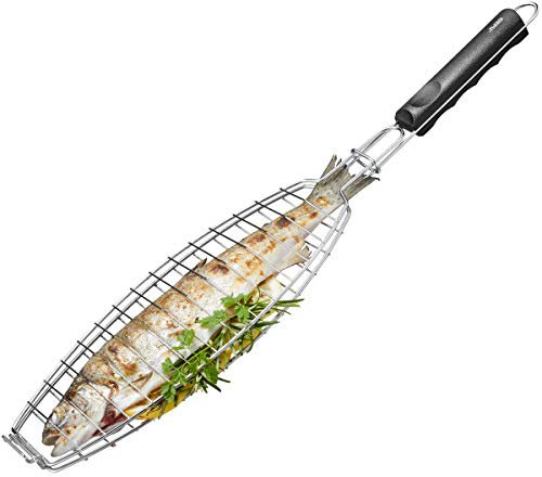 GEFU Fischbräter BBQ – Fischgriller aus Edelstahl mit klappbaren Verschluss & ergonomischem Griff, gleichmäßiges Garen & müheloses Wenden - für ganze Fische bis 26,5 cm Länge