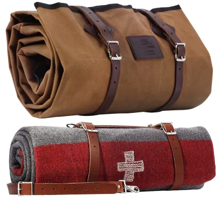 1844 Helko Werk Germany Waxed Canvas Bedroll & Swiss Army Blanket Bundle - Camping Bedroll with Leather Straps and Zipper - Waterproof Portable Bed (Blanket + Bedroll Field Tan) #F8761TB