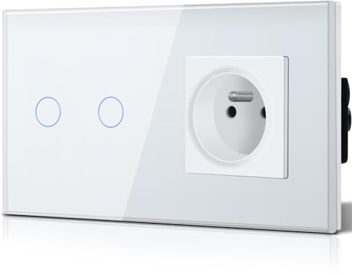 BSEED Interrupteur Tactile avec Prise Non-WIFI, Interrupteur Mural avec Prise en Verre (Max.300 W) 2 Gang 1 Voie Blanc