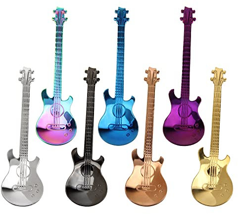 Kaffeelöffel Gitarren Löffel Set, 7 Stück Bunte Edelstahl Dessertlöffel Set Teelöffel Joghurtlöffel Kleine Zuhause Löffel für Tee Milch Kaffee