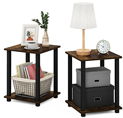 Furinno SIMPLISTIC Side Table Set of 2, 2-Tier End Table, Nightstand, Night Stand, Bedside Table, Easy Assembly, for Living Room, Bedroom, Amber Pine