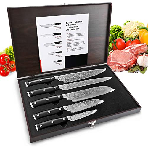 HUIKAILI Messer Set, Profi Küchenmesser Set aus Edelstahl, Scharfes, Rutschfester, Gefrosteter Griff, mit Kochmesser, Messerschneide, 2 Santoku -Messer und Schuhmesser