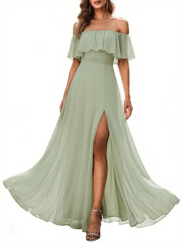 Ever-Pretty Women's Elegant Off The Shoulder Side Split High Waist Flowy Chiffon Maxi Bridesmaid Dress Formal Dresses Mint Green US14