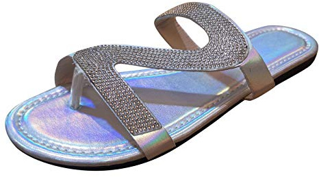 Woaikeyu Zapatos dedo del pie plano Rhinestone moda sandalias de las mujeres transpirable abierto sin cordones playa zapatillas mujer calzado confort con talón &295, plata, 39 EU
