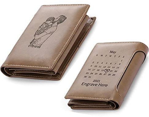 kaululu Personalisierte Geldbörse Portmonee Geldbeutel mit Foto Kalendar Gravur für Herren Männer Braun Leder Geschenk für Valentinstag Geburtstag Vatertag Weihnachten