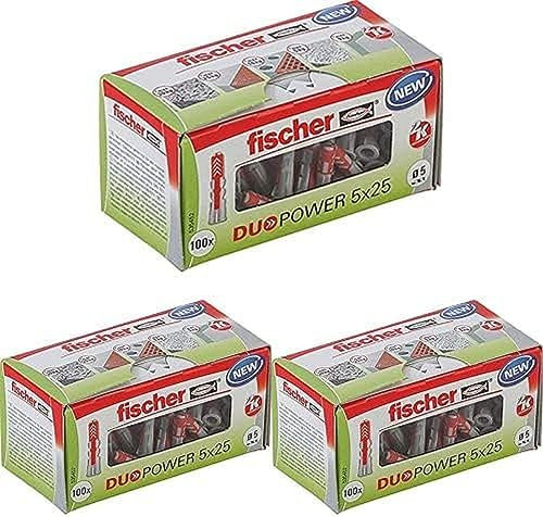 fischer DUOPOWER 5 x 25, Universaldübel, leistungsstarker 2-Komponenten-Dübel, Kunststoffdübel zur Befestigung in Beton, Ziegeln, Stein, Gipskarton uvm., ohne Schrauben, 100 Stück, 3er Pack
