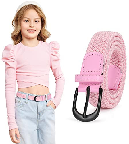 WHIPPY Geflochtener Kinder Gürtel für Jungen Mädchen Elastischer Stoffgürtel Gewebte Stretch Gürtel für Teenager Junioren,Rosa,85cm