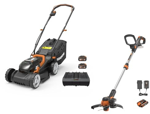 Pack WORX Essentiel Jardin Tondeuse à Gazon 40V 460m² + Coupe-Bordures 20V + 2 Batteries 4Ah et 1 Batterie 2Ah + Chargeur Double et Chargeur Simple (Idéal pour l'Entretien du Jardin)