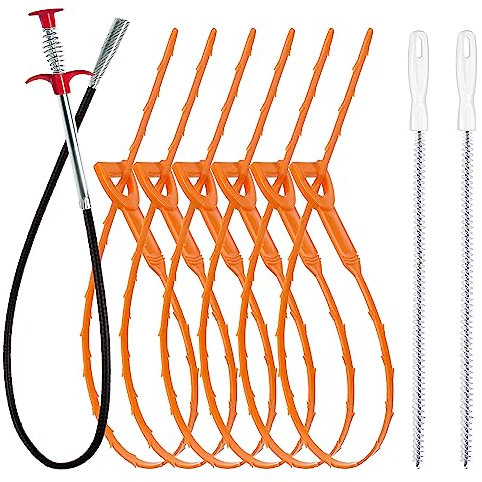 35.5inch Drain Clog Remover(1pcs), 25inch Drain Snake Hair Remover(6pcs) ＆ Cleaning Brush(2pcs), Hair Catcher Drain Auger Cleaner Tool Set for Toilet, Kitchen Sink, Bathroom Tub, Sewer, 9 Pack