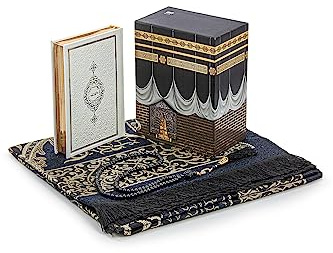 ihvan online Muslimischer Gebetsteppich und Koran mit Gebetsperlen, Kaaba Dekor Box, islamisches Geschenk für Frauen & Männer, Elegantes Islam Set für Ramadan, Eid, Umrah, Geburtstag, Reisen