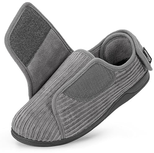 HomeTop Women's Corduroy Slippers Comfy Adjustable Hook and Loop Memory Foam Indoor Closed-back House Shoes for Diabetic Swollen Feet Ultimate Grey, 7 UK