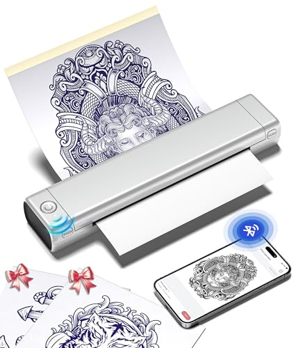 Phomemo M08F tatueringsskrivare, stencilskrivare med 10 överföringspapper, termisk kompatibel med telefon, surfplatta, PC för konster och nybörjare (silver)