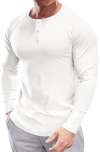 Muscle Cmdr Herr Grandad Neck Långärmad Tröja Avslappnad Slim Henley T-shirt, A-vit, XXL