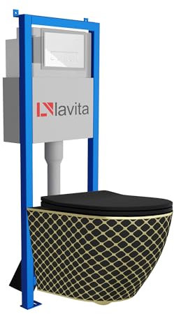 Lavita LAV 101 Vorwandelement für WC 40cm + Wand Hänge Tiefspül WC SOFI SLIM BLACK NIGHT Spülrandlos + Bedienplatte LAV 200.3.1 Weiß | Komplettset | Unterputz Spülkasten | Toilette Komplett Sett