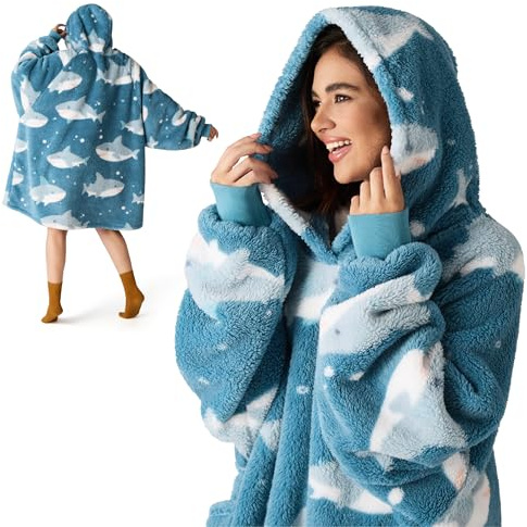 BEDSURE Hoodie Decke mit Ärmeln Blau - 95x85 Hai | Weiche, Warm, mit Taschen, ideal für Damen & Herren, für Couch & Winter