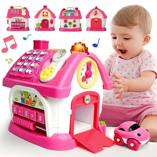 OKREVIEW Musikspielzeug ab 1 Jahr, 8-in-1 Montessori Aktivitätshaus mit Licht, Musik & Englisch-Spanisch Lernen, Motorikspielzeug für Mädchen und Jungen 1-3 Jahre, Geburtstagsgeschenk